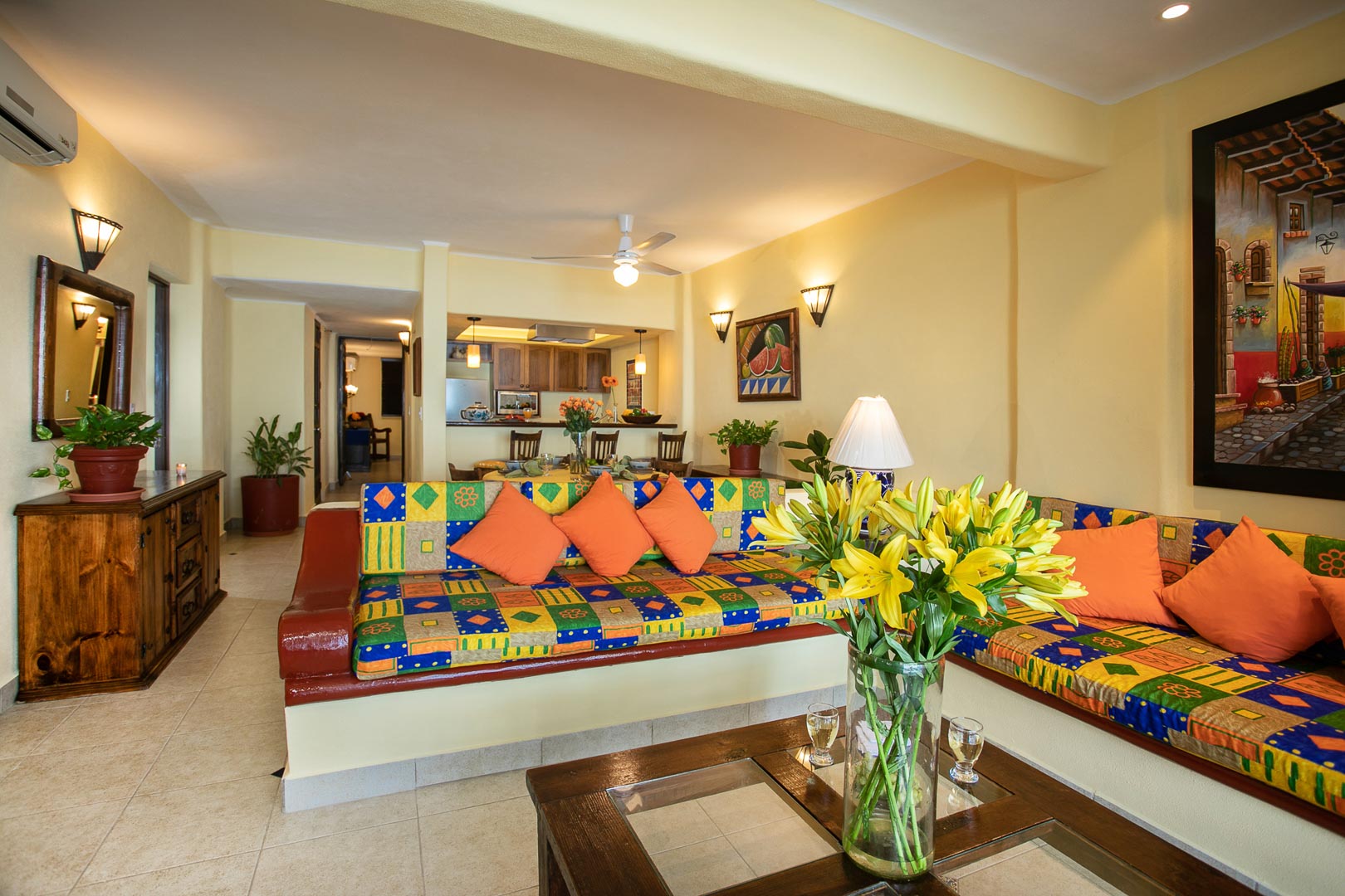A spacious and colorful living room at TPI's Lindo Mar Resort in Puerto Vallarta, Mexico.